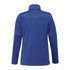 A blue women's softshell jacket featuring a high collar and a sleek design, with a logo on the back.