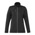 A women's black eco waterproof softshell jacket with a zip front, high collar, and two zippered pockets.