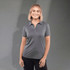 A women's grey eco polo shirt with a collar, featuring a logo, designed for performance.