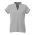 A light grey women's short sleeve performance polo shirt with a collar and side slits. It features a logo.