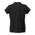 A black women's performance polo shirt with short sleeves, featuring a sleek design and a logo.