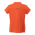 An orange women's polo shirt with short sleeves, featuring a logo and a stylish back design.