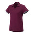 A maroon women's short sleeve performance polo with grey accents and a v-neck design. It features a logo.