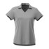 A short sleeve women's polo shirt in grey, featuring a v-neck and contrasting details, with a logo on it.