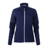 A women's full zip performance jacket in navy blue with thumb holes and a logo on the chest.