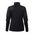 A black women's full zip performance jacket featuring knit texture and thumb holes, with a branded logo on the back.