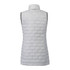 A lightweight, packable women's puffer vest in a soft grey colour, featuring a quilted pattern and a collar.