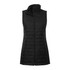 A black lightweight packable insulated puffer vest with a high collar and zip fastening. Features a subtle quilted pattern and branding.
