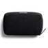 A black tech kit bag with a textured surface and a zip closure, featuring a branding logo.