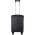 A black wheeled cabin trolley with a telescopic handle and four wheels, featuring a logo on the front.