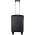 A black wheeled cabin trolley bag with a retractable handle and two wheels, featuring a logo on the front.