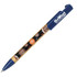A pen with a blue top and barrel featuring Aboriginal-inspired designs in earthy tones, with a logo on the side.