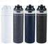 A drink bottle set featuring four recycled stainless steel bottles in white, grey, navy, and black, each with a flip straw lid.