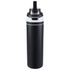 A drink bottle in matte black with a sleek design and a flip straw lid, featuring a logo on the side.