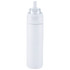 A drink bottle in white, featuring a flip straw and a logo, made from recycled stainless steel.