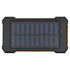 A solar power bank in black and orange with a textured surface and solar panel design. It features a logo.