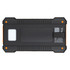 A solar power bank in black and orange, featuring a textured surface and a logo.