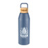 A drink bottle in blue with a bamboo lid and a logo, designed for reusable use.