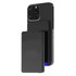 A slim black metal power bank with 5000 mAh capacity attached magnetically to a smartphone, featuring a logo.