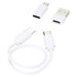 A white modular charging cable with USB and two types of connectors lying on a flat surface. It includes a branding logo.