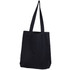 A black tote bag with two long handles, featuring a simple design and a logo on the side.