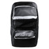 A black backpack with multiple compartments, featuring a zipper closure and a sleek design.