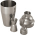 A stainless steel cocktail shaker set featuring a shaker, jigger, strainer, and lid, all in a sleek metallic finish.