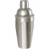 A stainless steel cocktail shaker with a sleek, metallic finish and a secured top, featuring a logo.