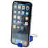 A blue recycled plastic phone stand with a fidget toy, holding a smartphone displaying various apps.