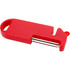 A red multi-purpose kitchen tool with a peeler blade and a handle, featuring a logo on its body.