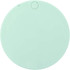 A circular mint green makeup mirror featuring a smooth surface and a small button, with a logo present.