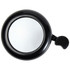 A black bicycle bell with a shiny silver surface and a side lever for ringing. It features a logo.
