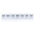 A white weekly pill organiser with compartments labelled for each day of the week. It features a simple branding logo.
