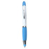 A blue ballpoint pen with a white body and blue grip, featuring a silver clip and a logo.