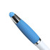A ballpoint pen with a white barrel and a blue rubber grip, featuring a shiny chrome tip and a stylus end.