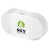 A pencil sharpener with an eraser, featuring a white body and a logo.
