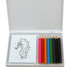 A colouring set featuring a seahorse outline and eight coloured pencils in various shades, packaged in a clear case.