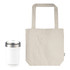 A white drink bottle and a natural-coloured tote bag, both featuring a logo.