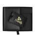 A black gift box contains a black luggage tag and a cardholder with a logo.