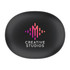A black case featuring a logo, designed to hold earbuds. The design includes vibrant colours of pink and purple.