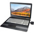 A laptop with a striped design, displaying a mountain scenery, and connected to a device on the side.
