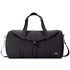 A black duffel bag with a flap, adjustable shoulder strap, and dual handles. It features a logo on the side.