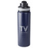 A drink bottle in navy blue featuring a grey lid and a logo on the front. Double wall design, 800ml capacity.