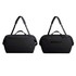 A black duffel bag with dual handles and an adjustable shoulder strap, featuring a logo on the side.
