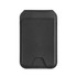 A black magnetic wallet and phone stand with a sleek, minimalist design, featuring a logo on the surface.