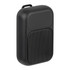 A compact black Bluetooth speaker with a textured grille and a handle for portability, features a logo on the side.