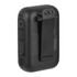 A black Bluetooth speaker with a clip on the back and control buttons on the side, featuring a logo.
