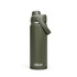 A drink bottle in olive green with a secure lid and a carry handle. It features a logo on the body.
