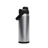 A drink bottle with a stainless steel finish and a black lid and handle. It has a logo on the side.
