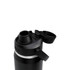 A drink bottle in black with a silver band, featuring a lid and a straw opening, and a branding logo.